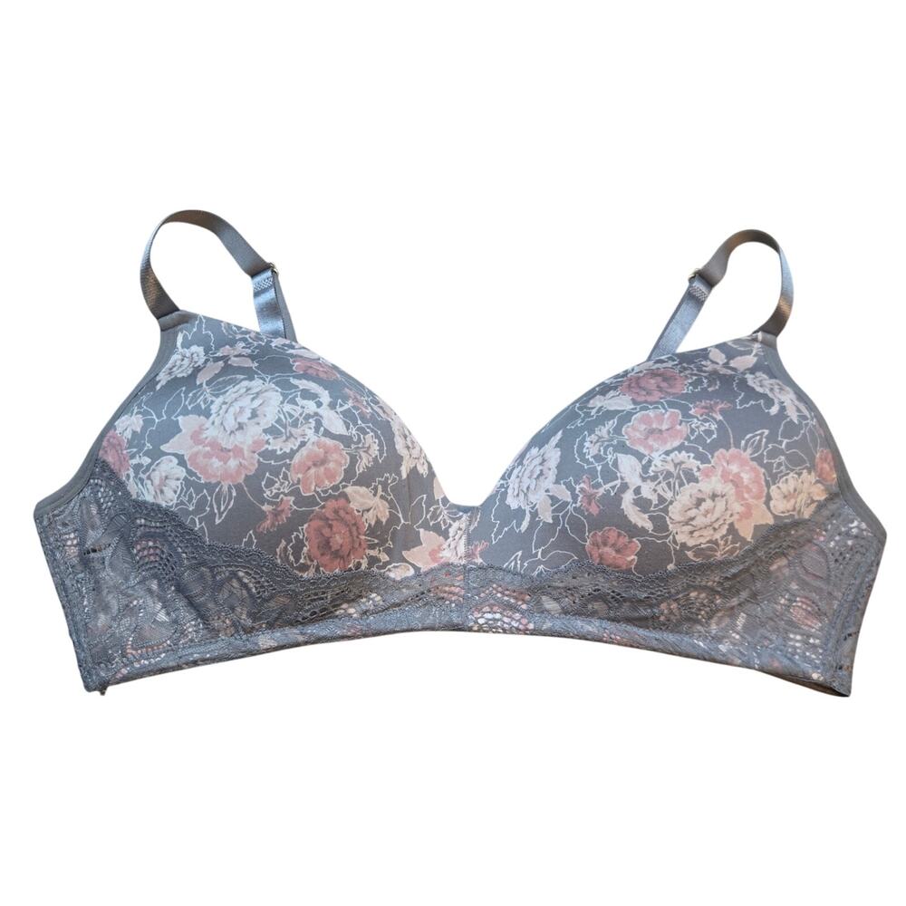 Jessica Simpson Bra Gray Feminine Floral Wireless Comfort Padded Lace Size 40C